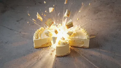 Exploding White Frosted Cake on Concrete Surface