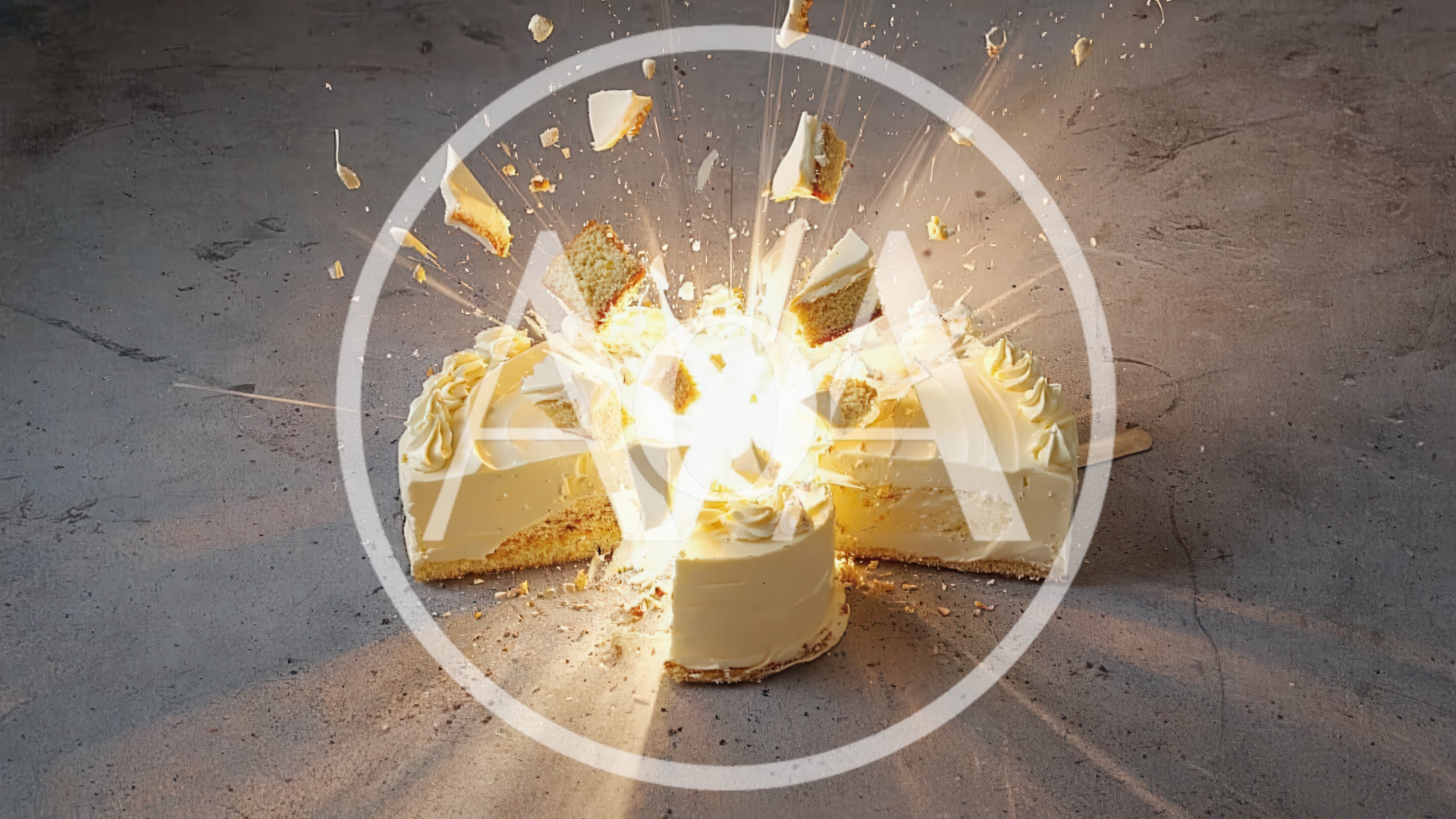 Exploding White Frosted Cake on Concrete Surface