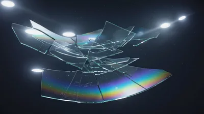 Shattered Glass Fragments Floating Against Dark Background