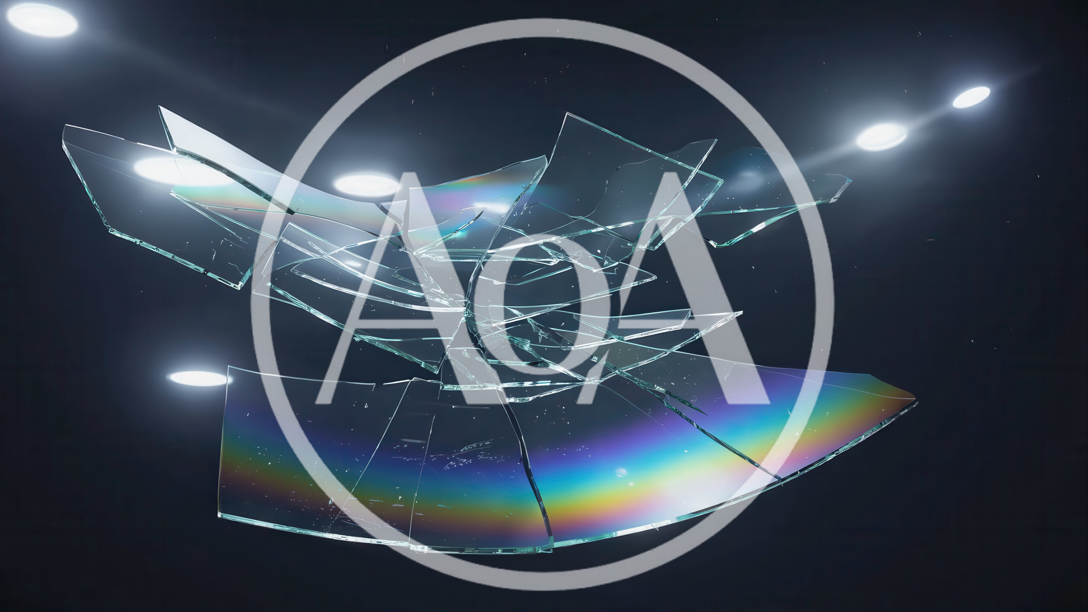 Shattered Glass Fragments Floating Against Dark Background