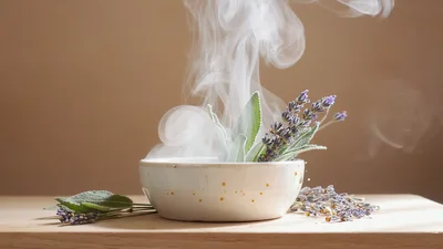Steaming Bowl of Fresh Sage and Lavender Herbs