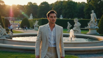 Handsome Man Walking Through A Formal European Garden