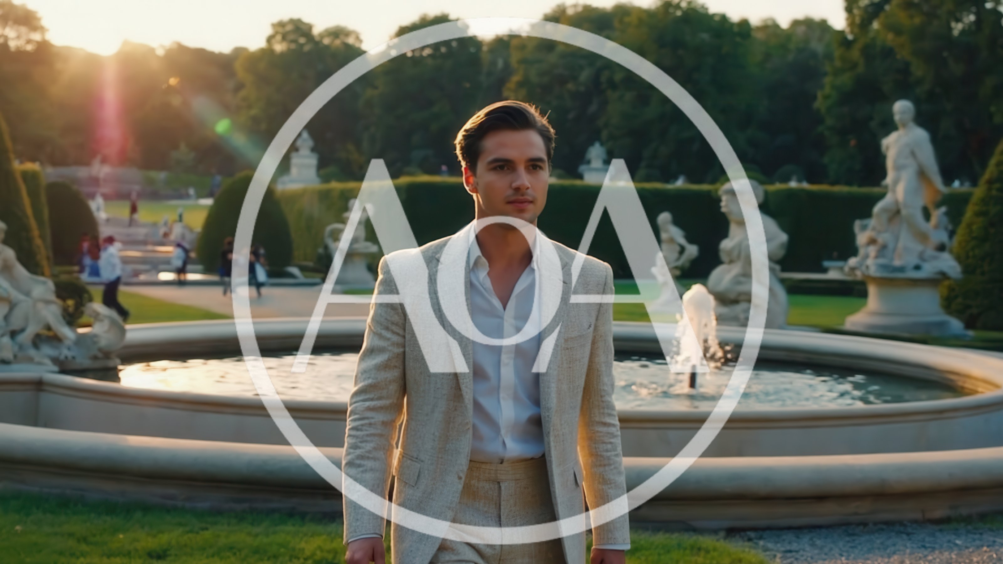 Handsome Man Walking Through A Formal European Garden