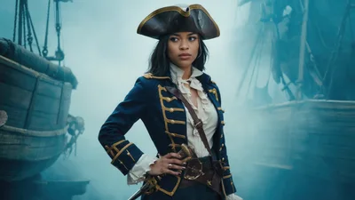 Female Pirate Captain Standing On A Misty Ship Deck