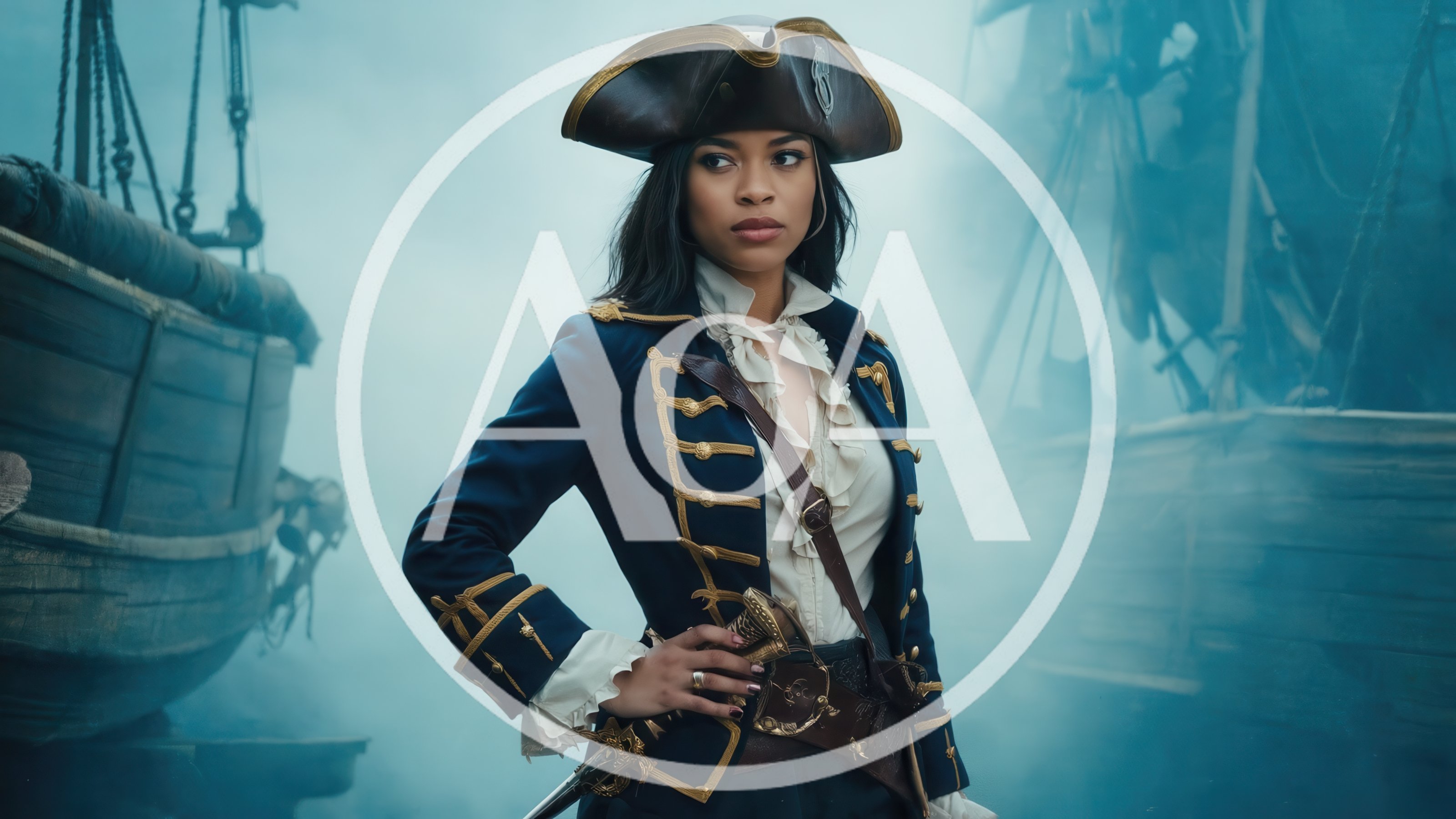 Female Pirate Captain Standing On A Misty Ship Deck