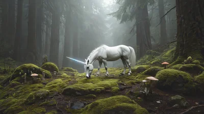 White Unicorn Grazing In A Misty Ancient Forest