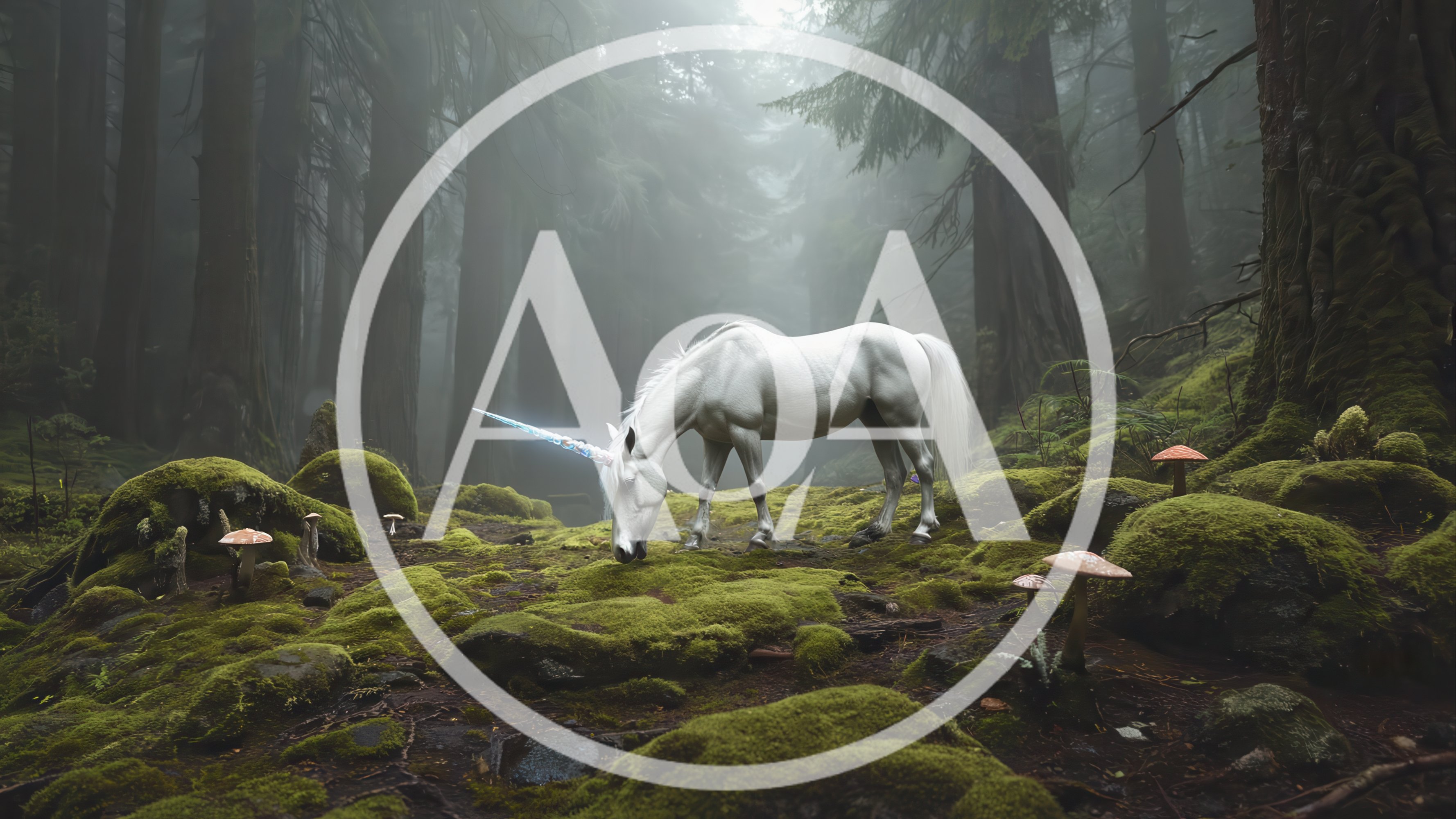 White Unicorn Grazing In A Misty Ancient Forest