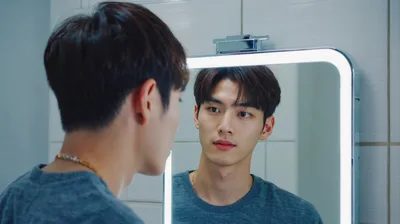 Young Asian Man Looking At His Reflection In Mirror