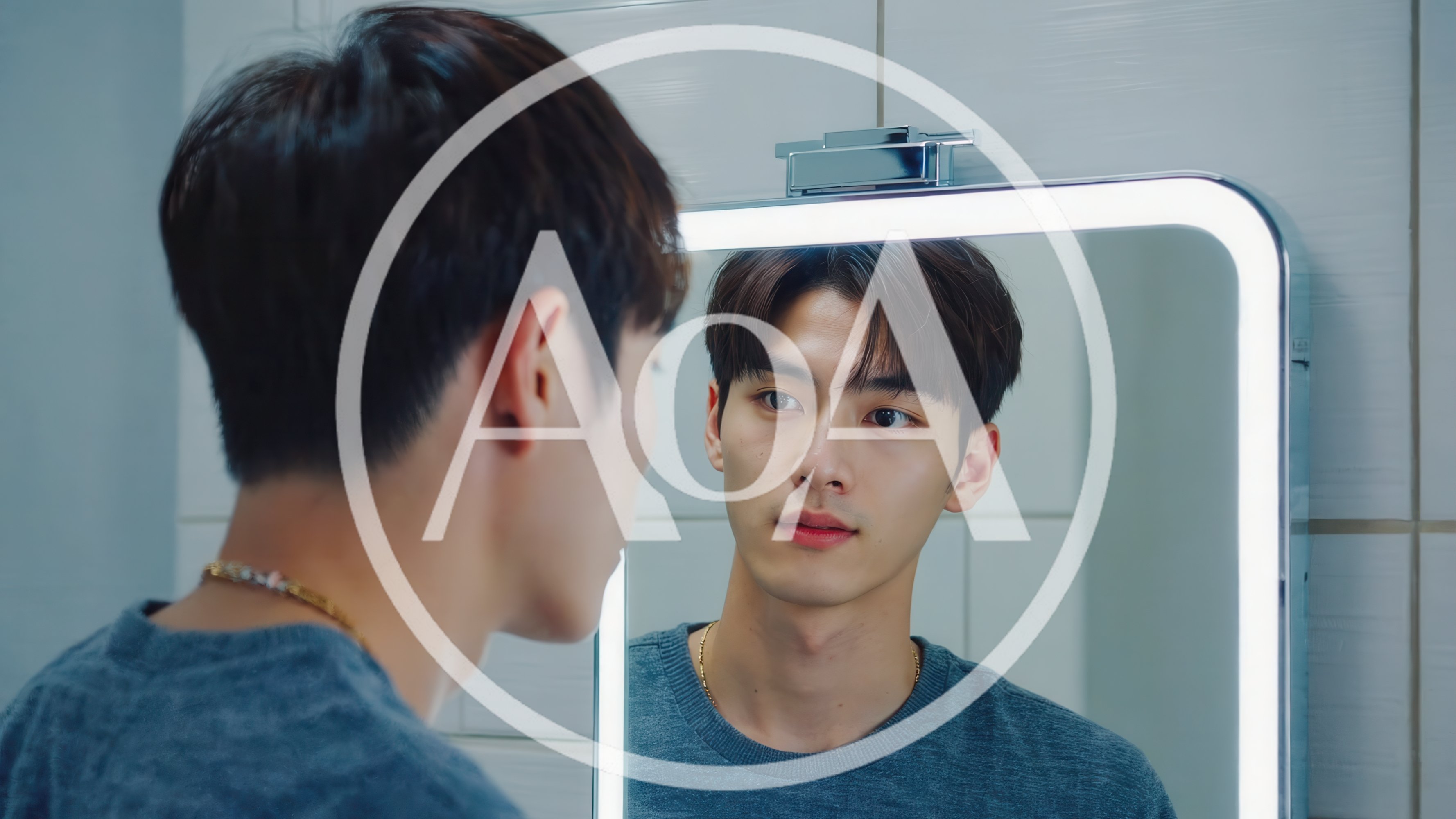 Young Asian Man Looking At His Reflection In Mirror