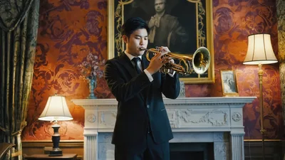 Young Asian Man Playing Trumpet in Elegant Study