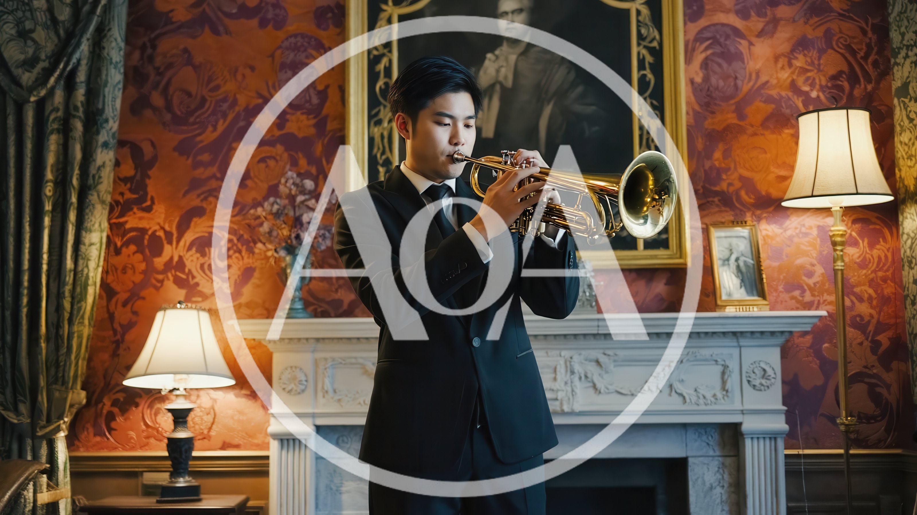 Young Asian Man Playing Trumpet in Elegant Study