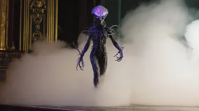 Ethereal Alien Entity Emerging From Thick Stage Fog