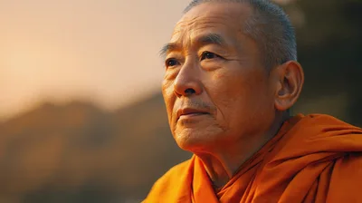 Portrait Of An Elderly Buddhist Monk At Sunset