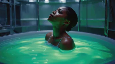 Woman Submerged In Glowing Green Liquid Tank