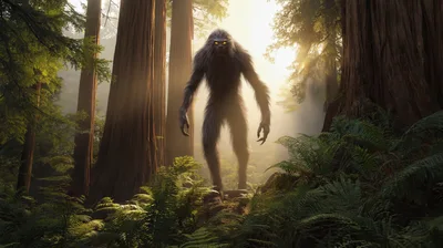 Bigfoot Standing In A Misty Redwood Forest
