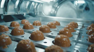 Chocolate Truffles Moving Along Industrial Production Line