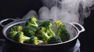 Steaming Fresh Broccoli Florets In A Cast Iron Skillet