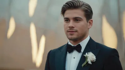 Handsome Groom In Tuxedo With White Boutonniere