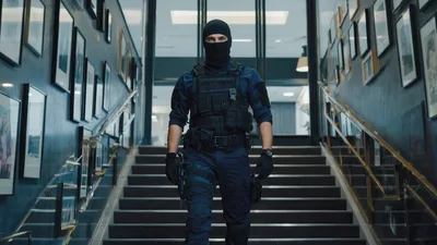 Tactical Operative Descending Staircase in Modern Office Building