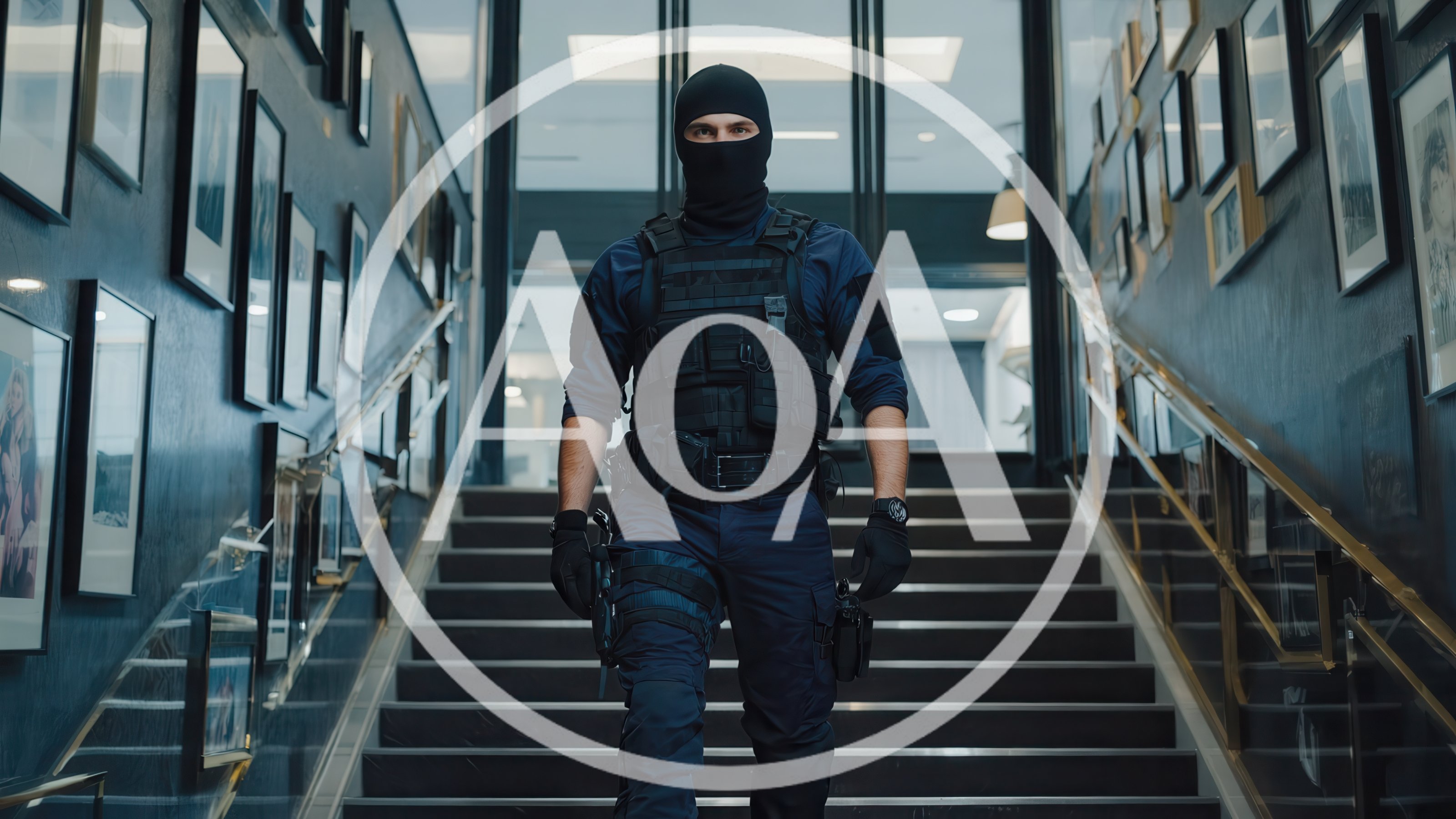Tactical Operative Descending Staircase in Modern Office Building
