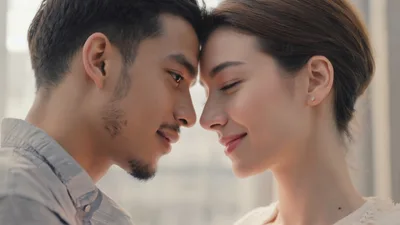 Young Couple Sharing An Intimate Moment Forehead To Forehead