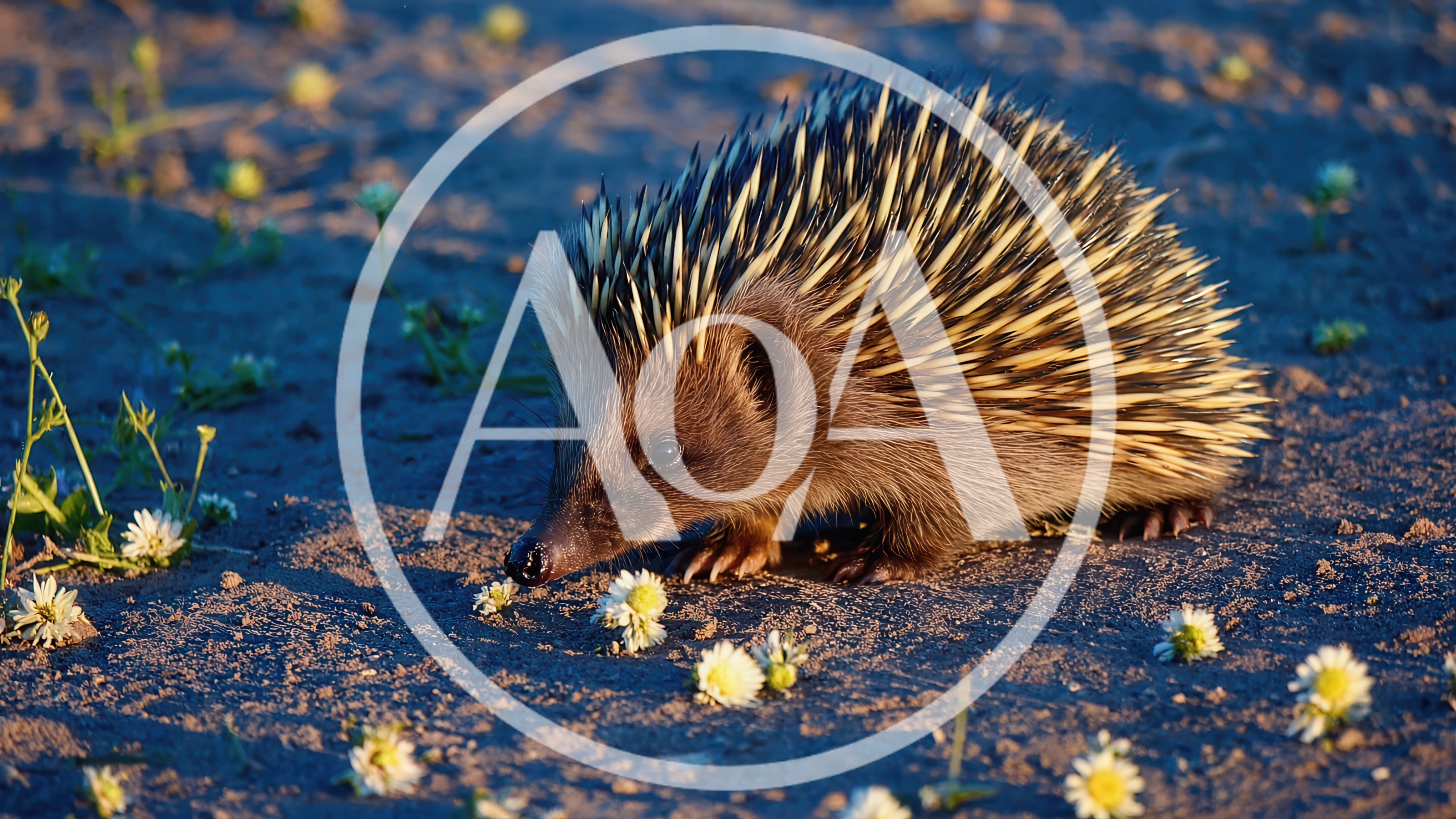 Echidna Foraging Among Small White Flowers