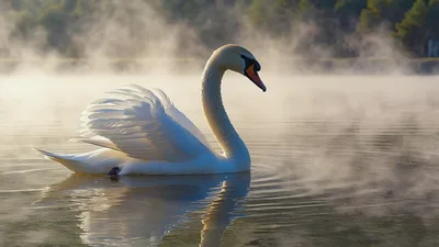 Graceful White Swan Swimming on Misty Lake