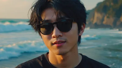 Young Asian Man Wearing Sunglasses At The Beach
