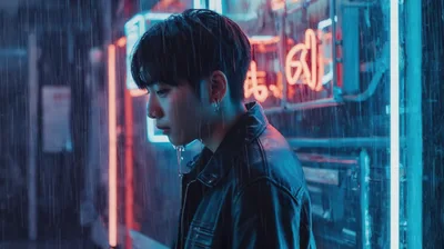 Young Man Standing In Rain Under Neon Lights