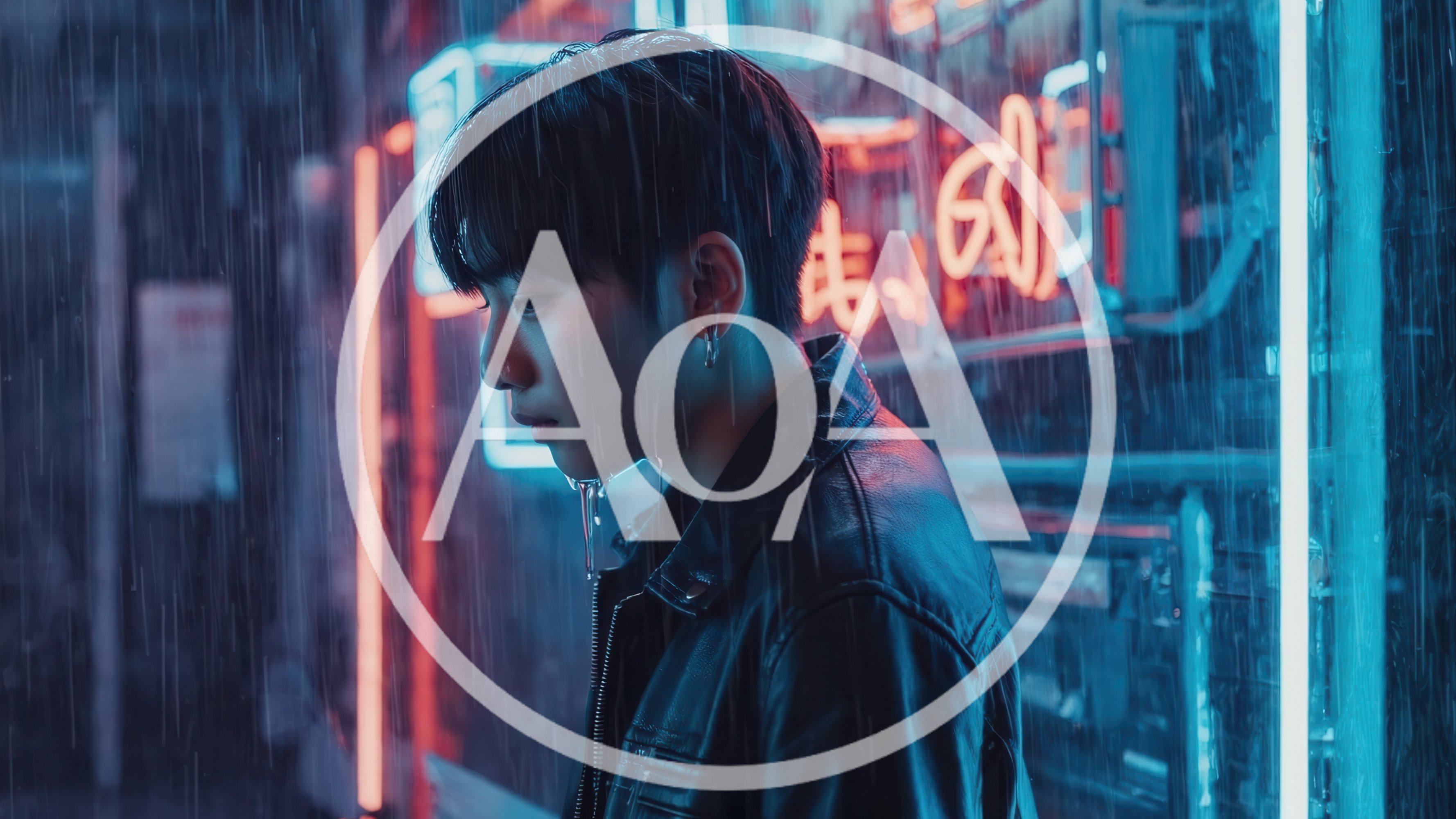 Young Man Standing In Rain Under Neon Lights