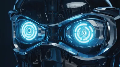 Close Up Of Glowing Blue Robotic Eyes
