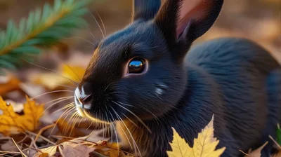 Close Up Portrait Of A Black Rabbit In Autumn Leaves