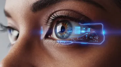 Close Up Of Human Eye With Futuristic Digital Interface