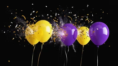 Exploding Yellow and Purple Balloons with Confetti