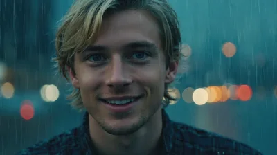 Young Man Smiling In The Rain At Night