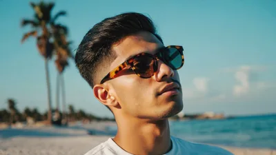 Young Man Wearing Sunglasses On A Sunny Beach