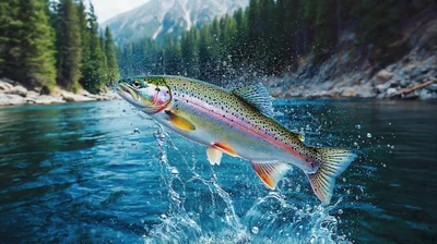 Rainbow Trout Jumping Out Of A Mountain River
