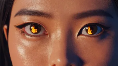 Close Up Of Woman Eyes With Reflecting Fire