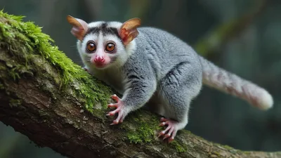 Small Galago Perched On A Mossy Tree Branch