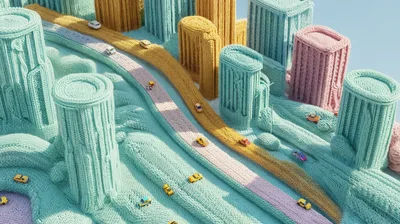 Miniature Knitted Cityscape With Toy Cars On Roads