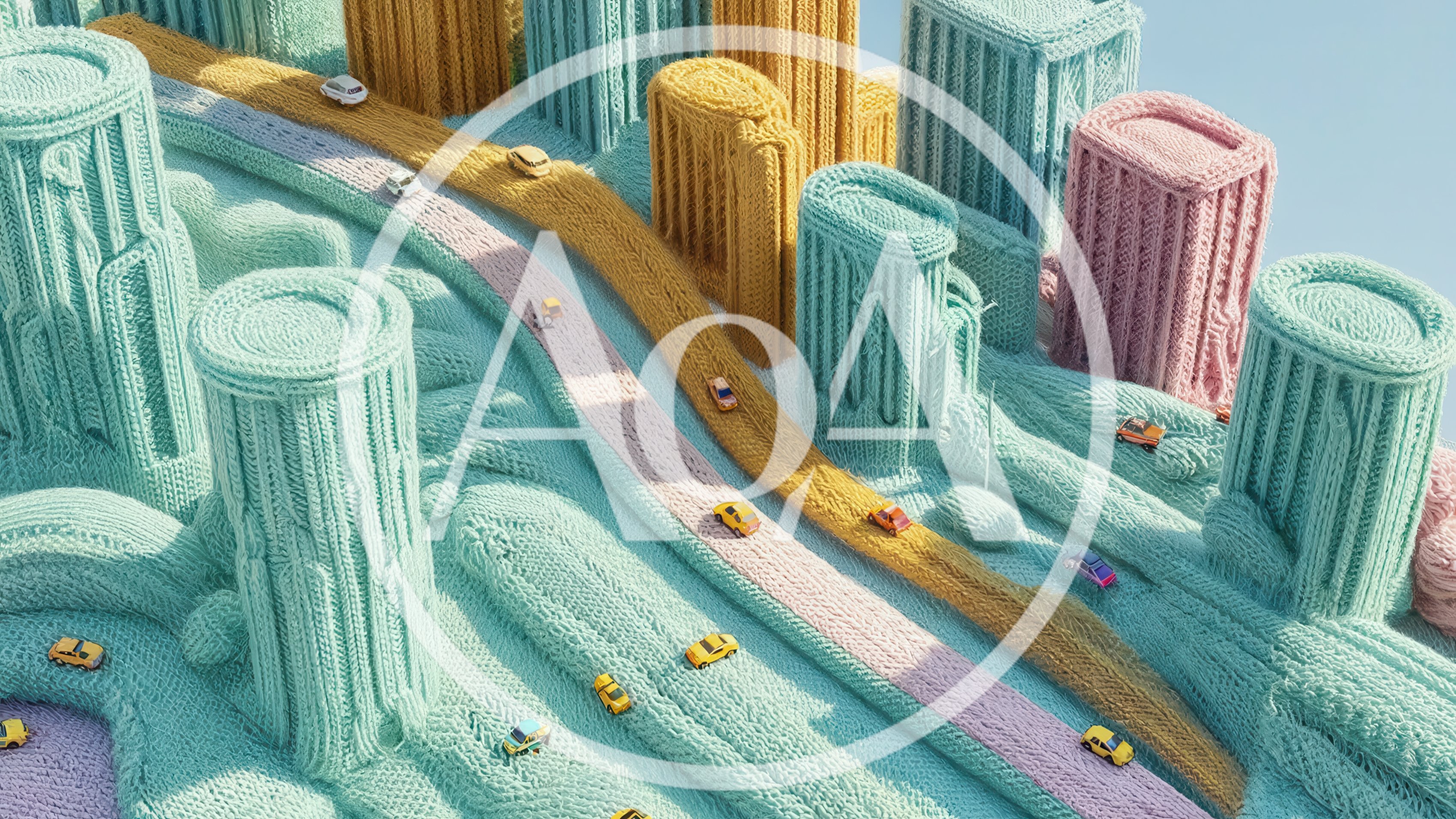 Miniature Knitted Cityscape With Toy Cars On Roads
