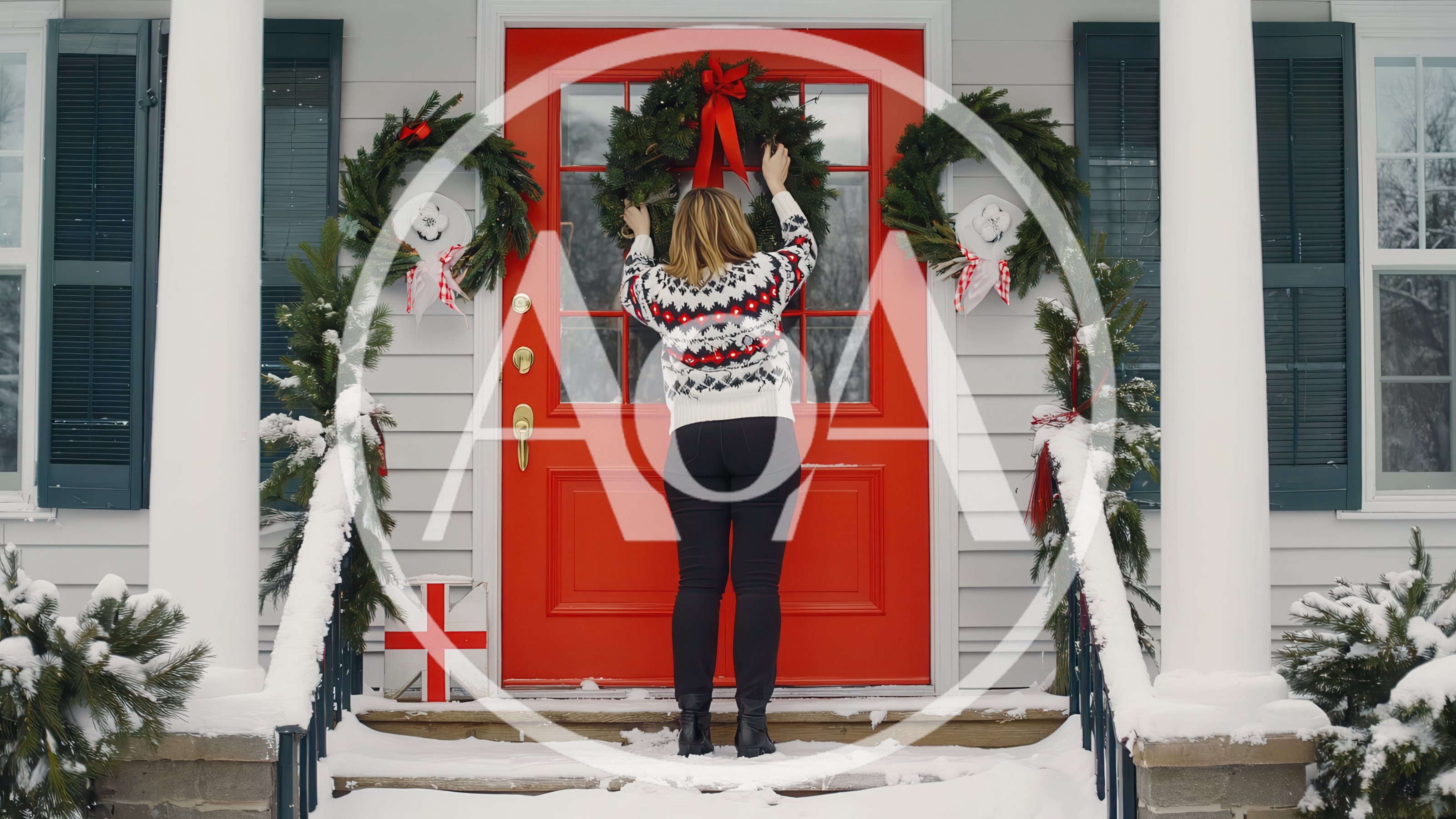Woman Hanging Christmas Wreath On Red Front Door