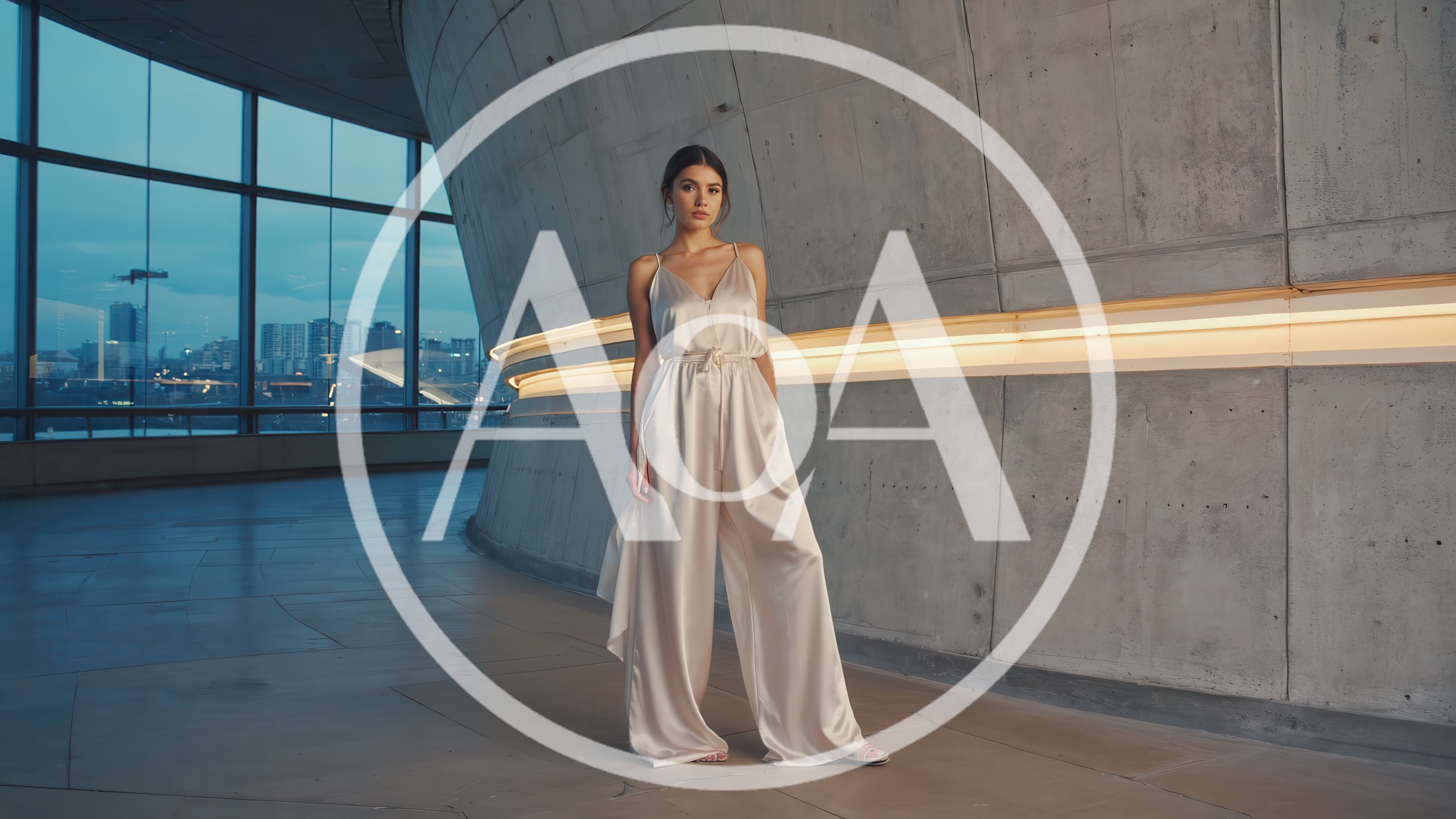 Elegant Woman In Silk Jumpsuit Standing In Modern Architecture