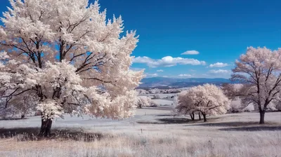 Infrared Landscape With White Trees And Blue Sky