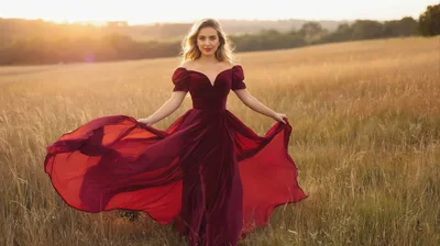 Blonde Woman In Red Velvet Dress Walking In Meadow