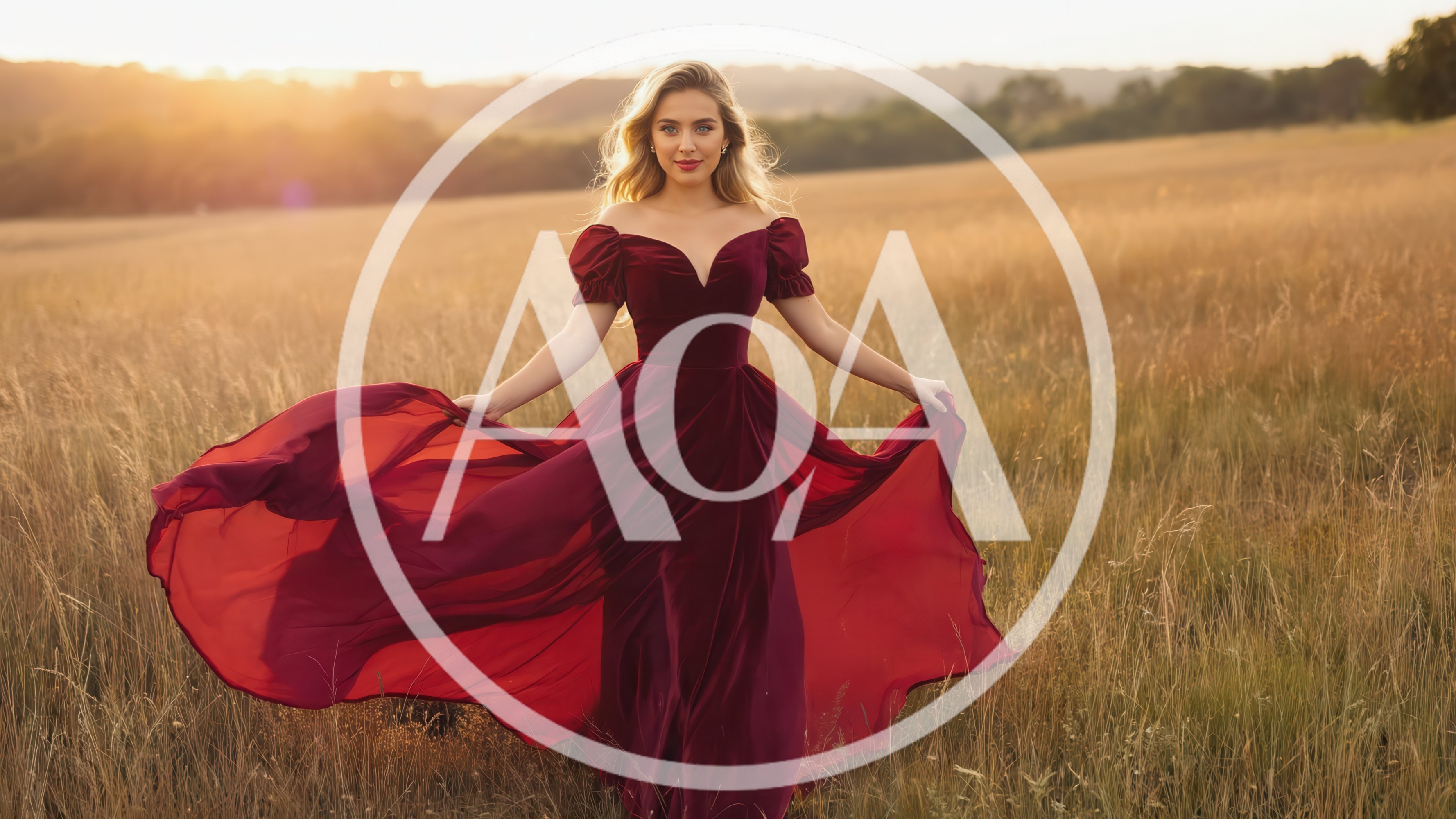 Blonde Woman In Red Velvet Dress Walking In Meadow