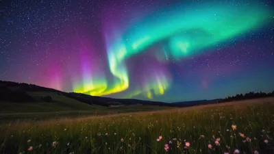 Vibrant Aurora Borealis Over A Grassy Meadow