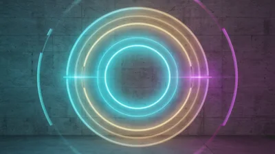 Neon Glowing Concentric Circles On Concrete Wall