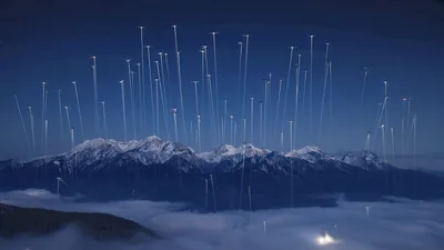 Surreal Night Landscape With Glowing Vertical Light Beams