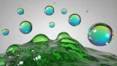 Abstract Green Liquid Surface With Floating Iridescent Bubbles